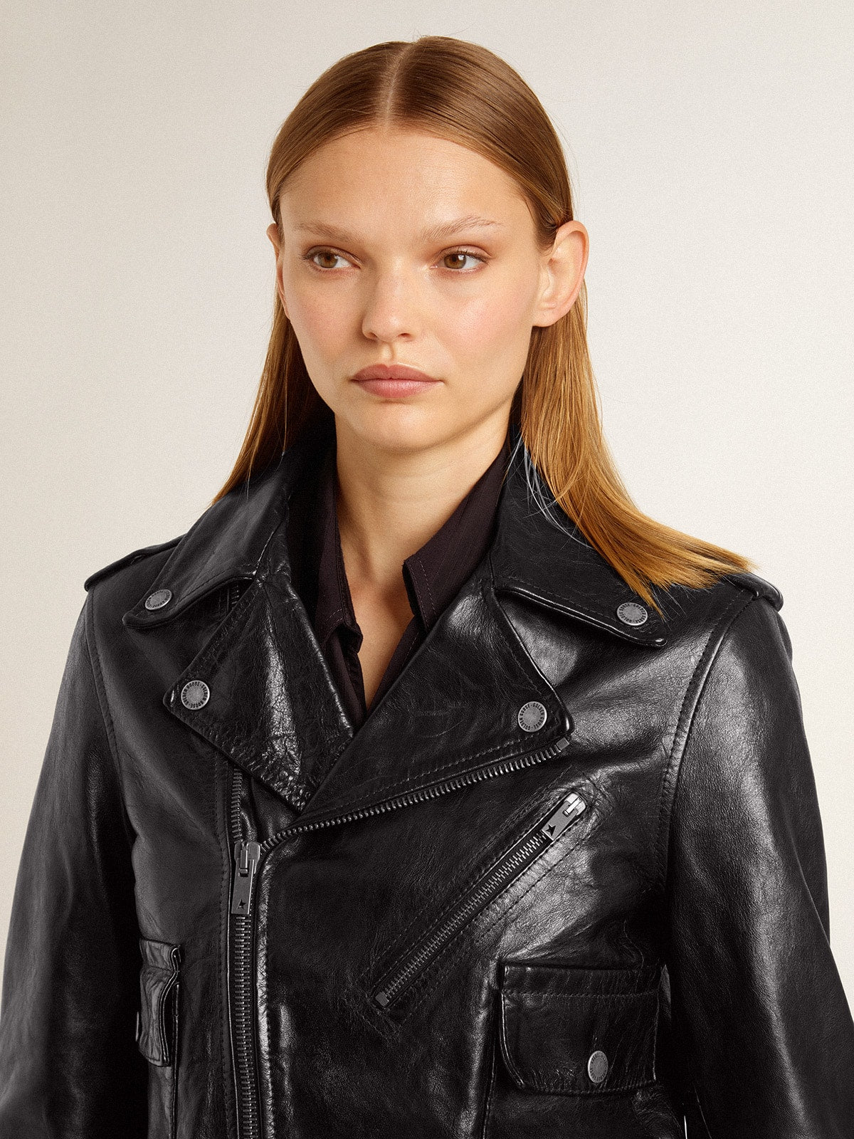 Women’s black leather biker jacket with glossy effect - Golden Goose Women