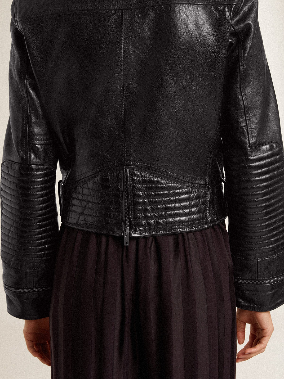 Women’s black leather biker jacket with glossy effect - Golden Goose Women