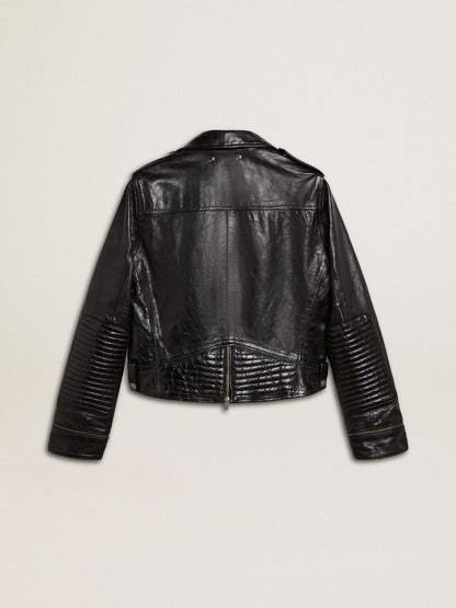Women’s black leather biker jacket with glossy effect - Golden Goose Women