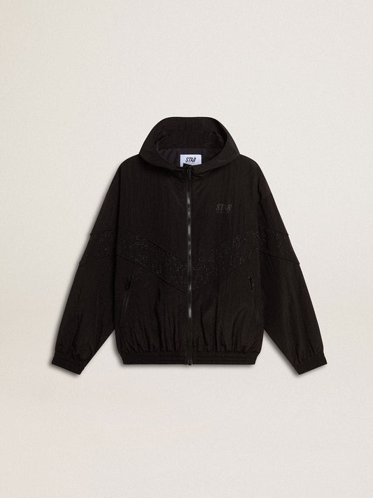 Women's windcheater in black nylon with tone-on-tone crystals - Golden Goose Women