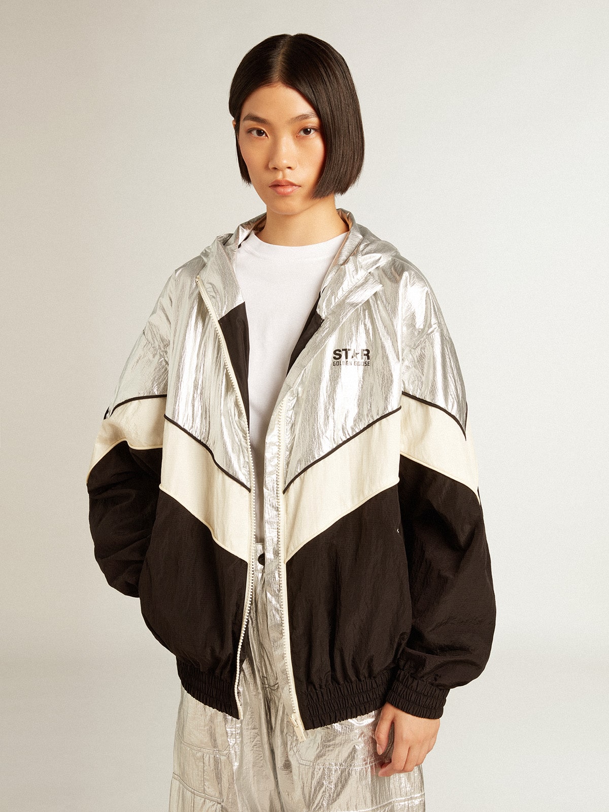 Women's windcheater in silver and black technical fabric - Golden Goose Women