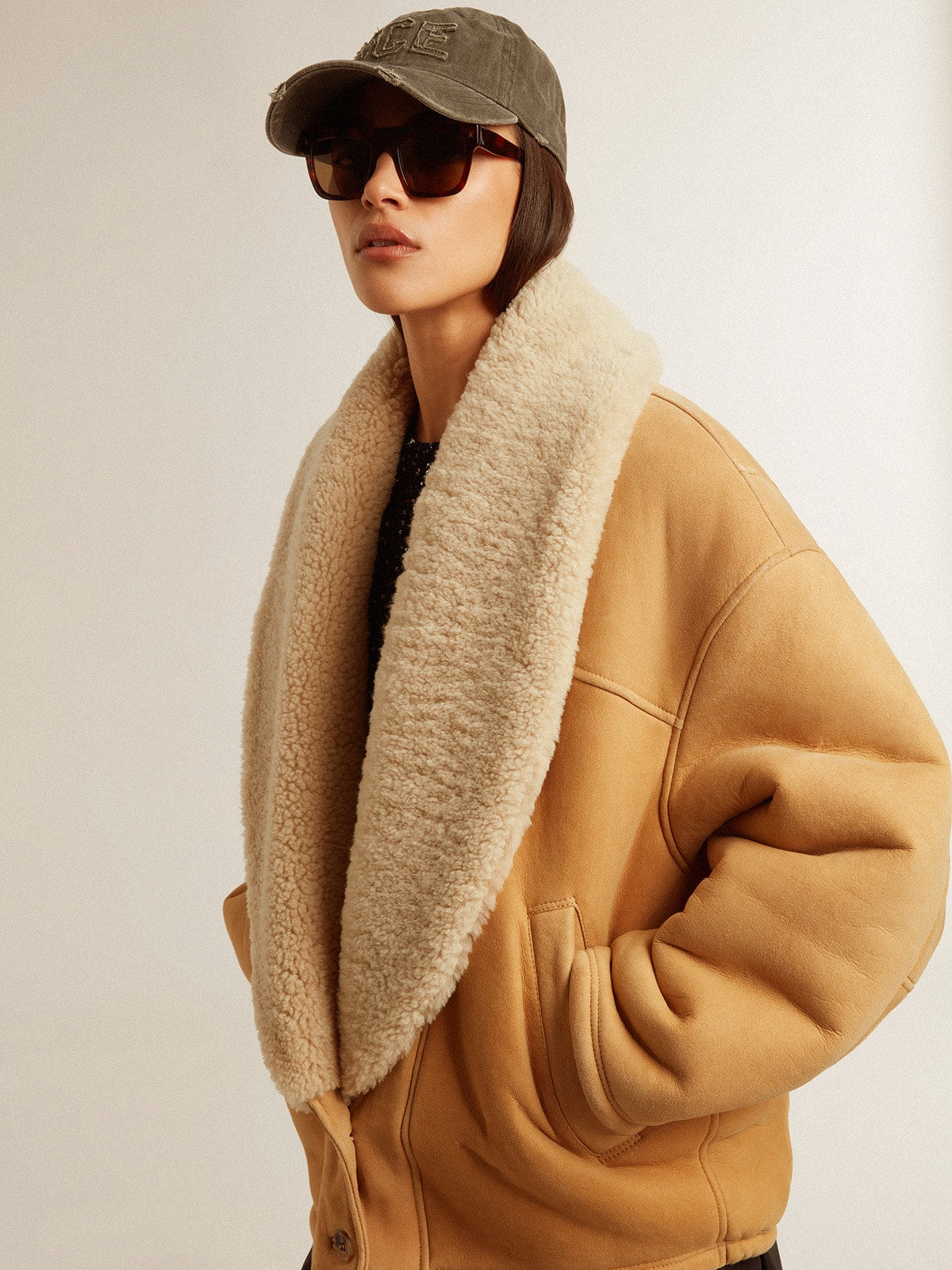 Women's sheepskin jacket with a wide shearling shawl collar - Golden Goose Women