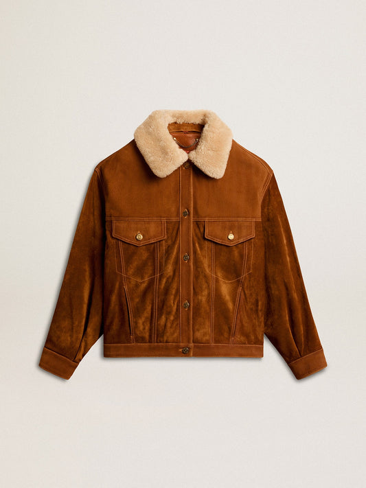 Women's jacket in tobacco-colored split leather with a shearling collar - Golden Goose Women