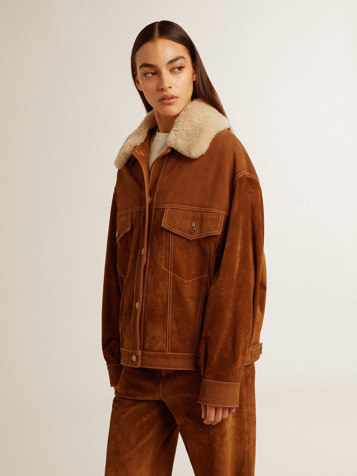 Women's jacket in tobacco-colored split leather with a shearling collar - Golden Goose Women