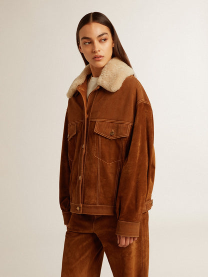 Women's jacket in tobacco-colored split leather with a shearling collar - Golden Goose Women