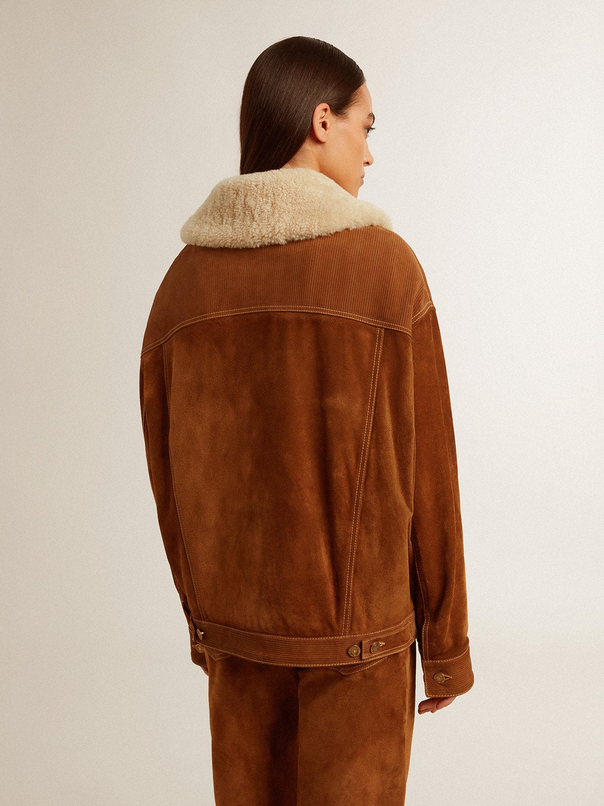 Women's jacket in tobacco-colored split leather with a shearling collar - Golden Goose Women