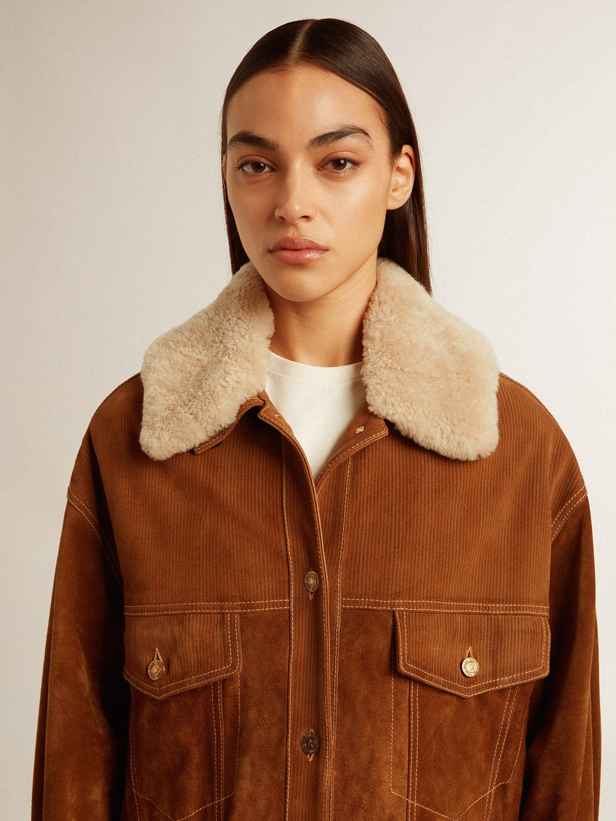 Women's jacket in tobacco-colored split leather with a shearling collar - Golden Goose Women