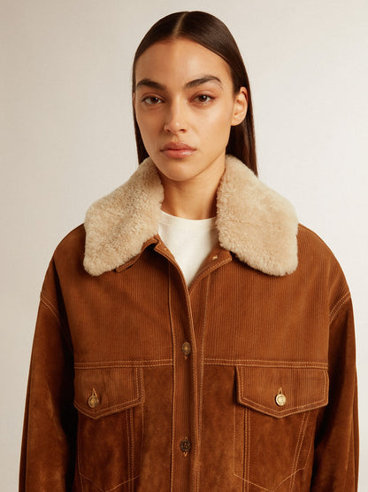 Women's jacket in tobacco-colored split leather with a shearling collar - Golden Goose Women