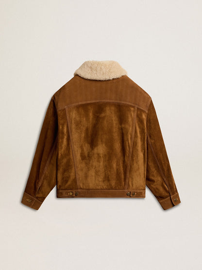 Women's jacket in tobacco-colored split leather with a shearling collar - Golden Goose Women