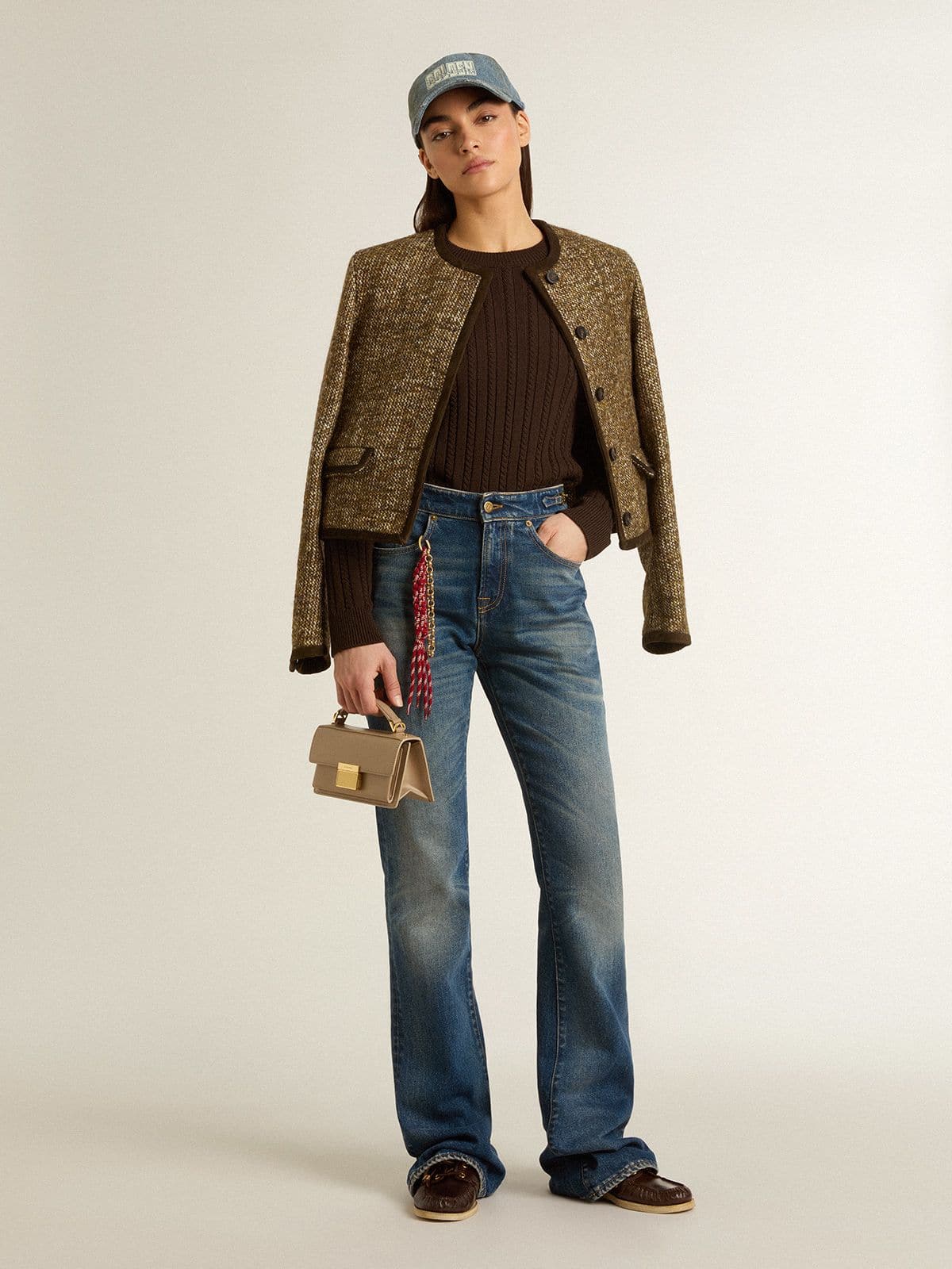 Women's Journey jacket in wool tweed with coffee-colored suede details - Golden Goose Women