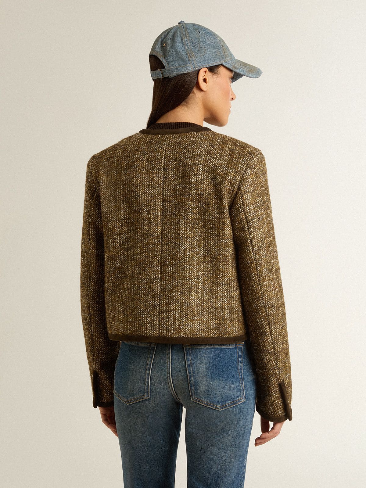 Women's Journey jacket in wool tweed with coffee-colored suede details - Golden Goose Women