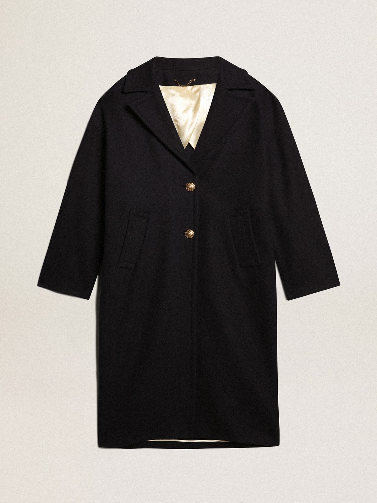 Women's single-breasted cocoon coat in dark blue wool with gold button - Golden Goose Women