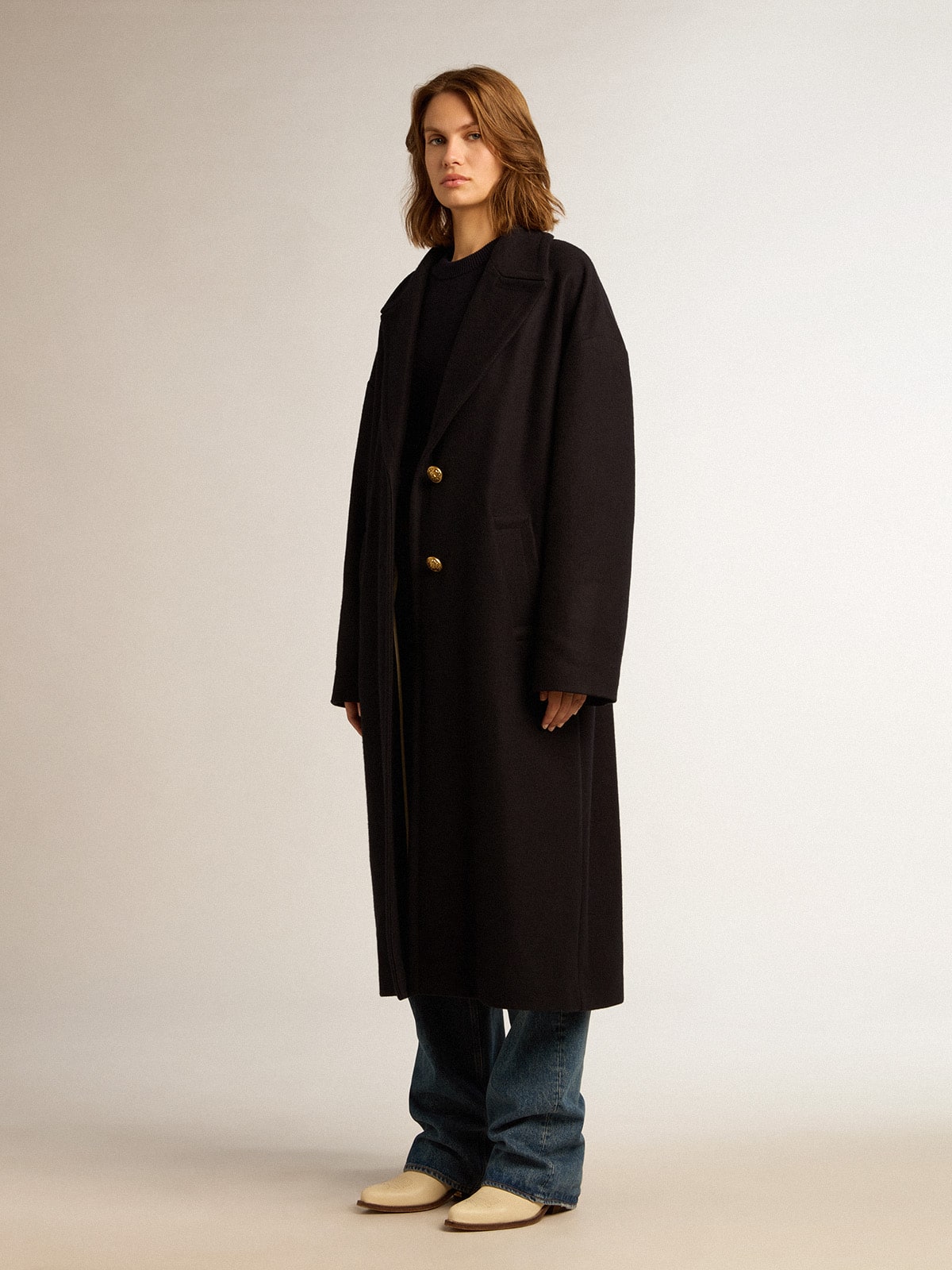 Women's single-breasted cocoon coat in dark blue wool with gold button - Golden Goose Women