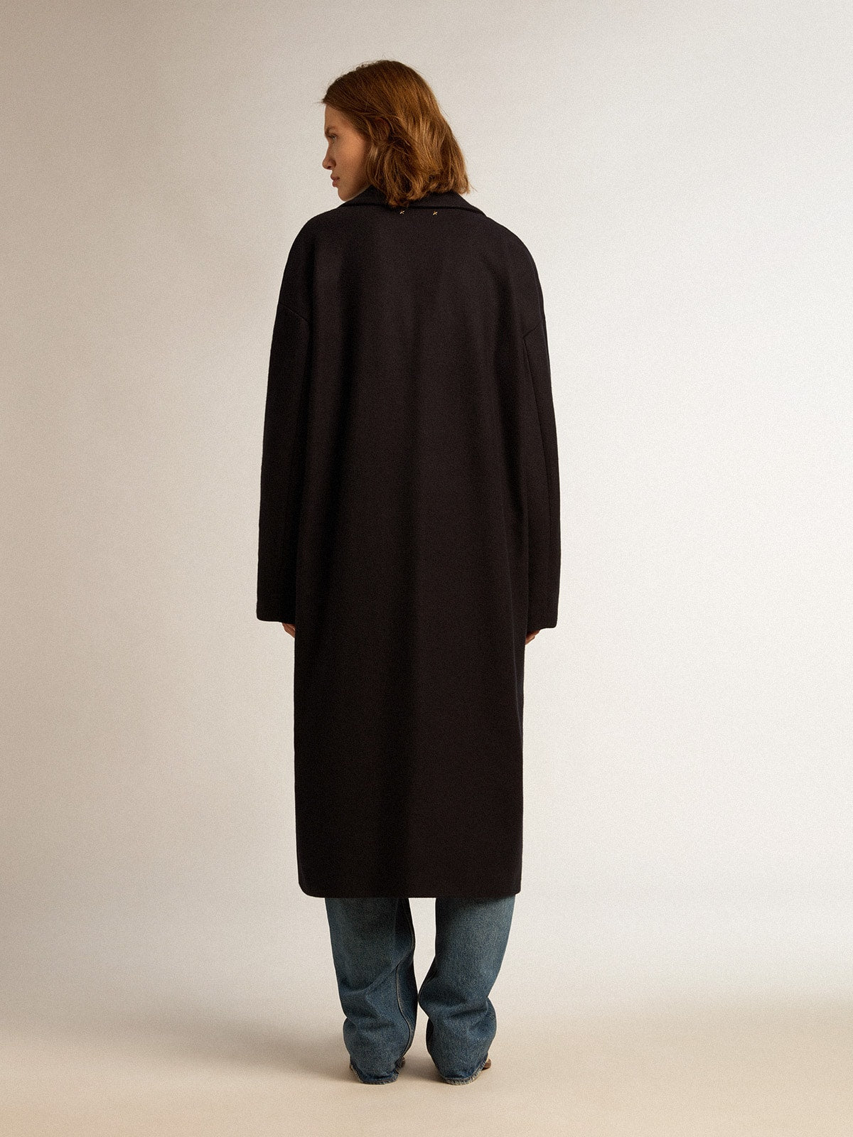 Women's single-breasted cocoon coat in dark blue wool with gold button - Golden Goose Women
