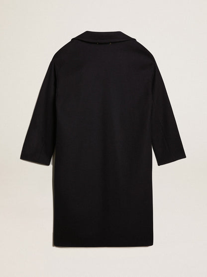 Women's single-breasted cocoon coat in dark blue wool with gold button - Golden Goose Women