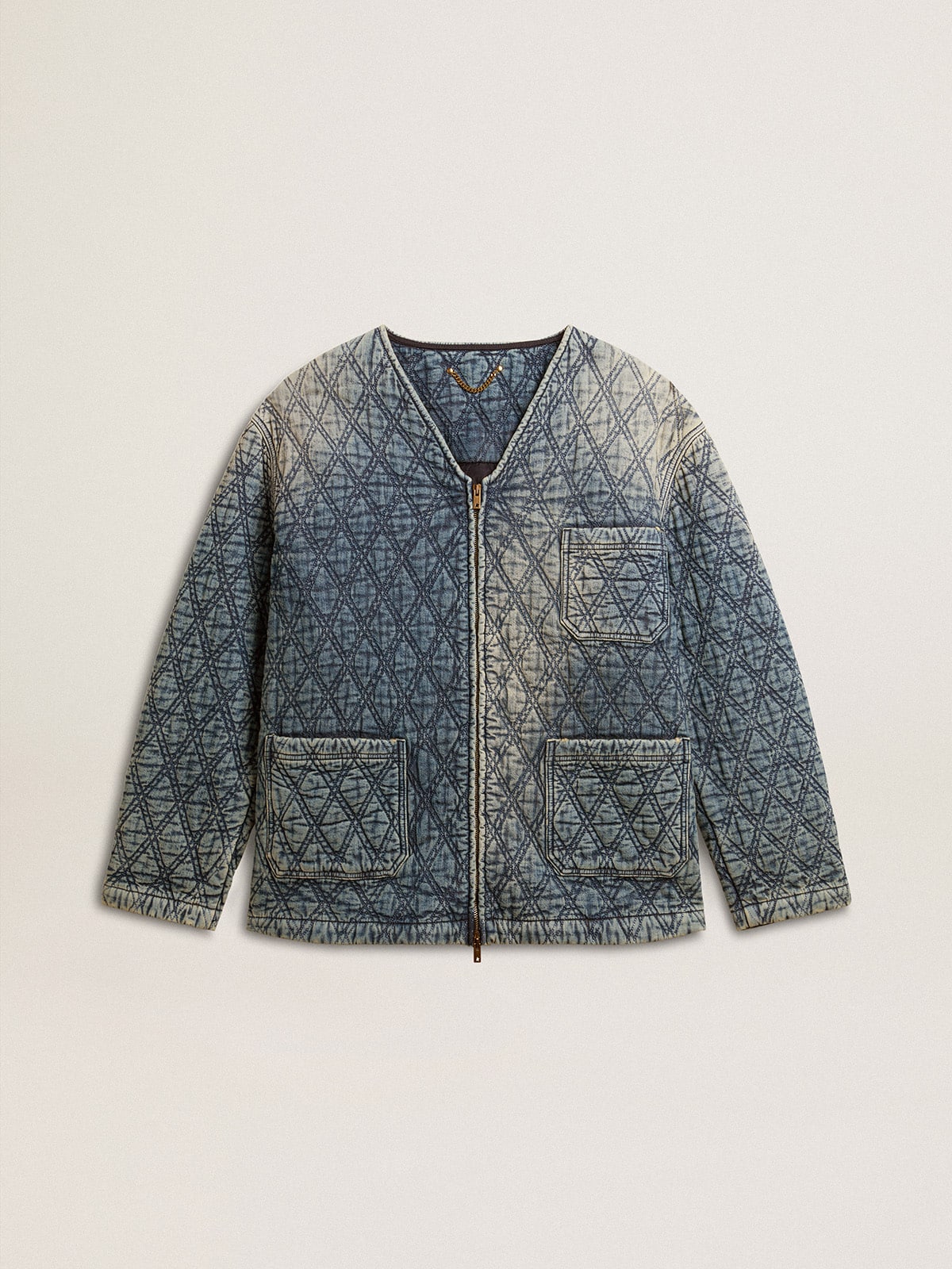 Women's blue quilted jacket in cotton denim with distressed finish - Golden Goose Women