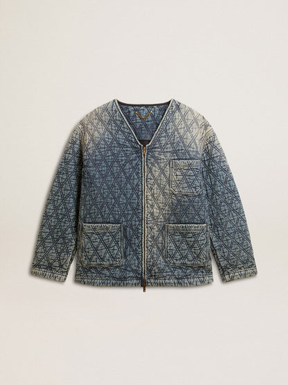Women's blue quilted jacket in cotton denim with distressed finish - Golden Goose Women