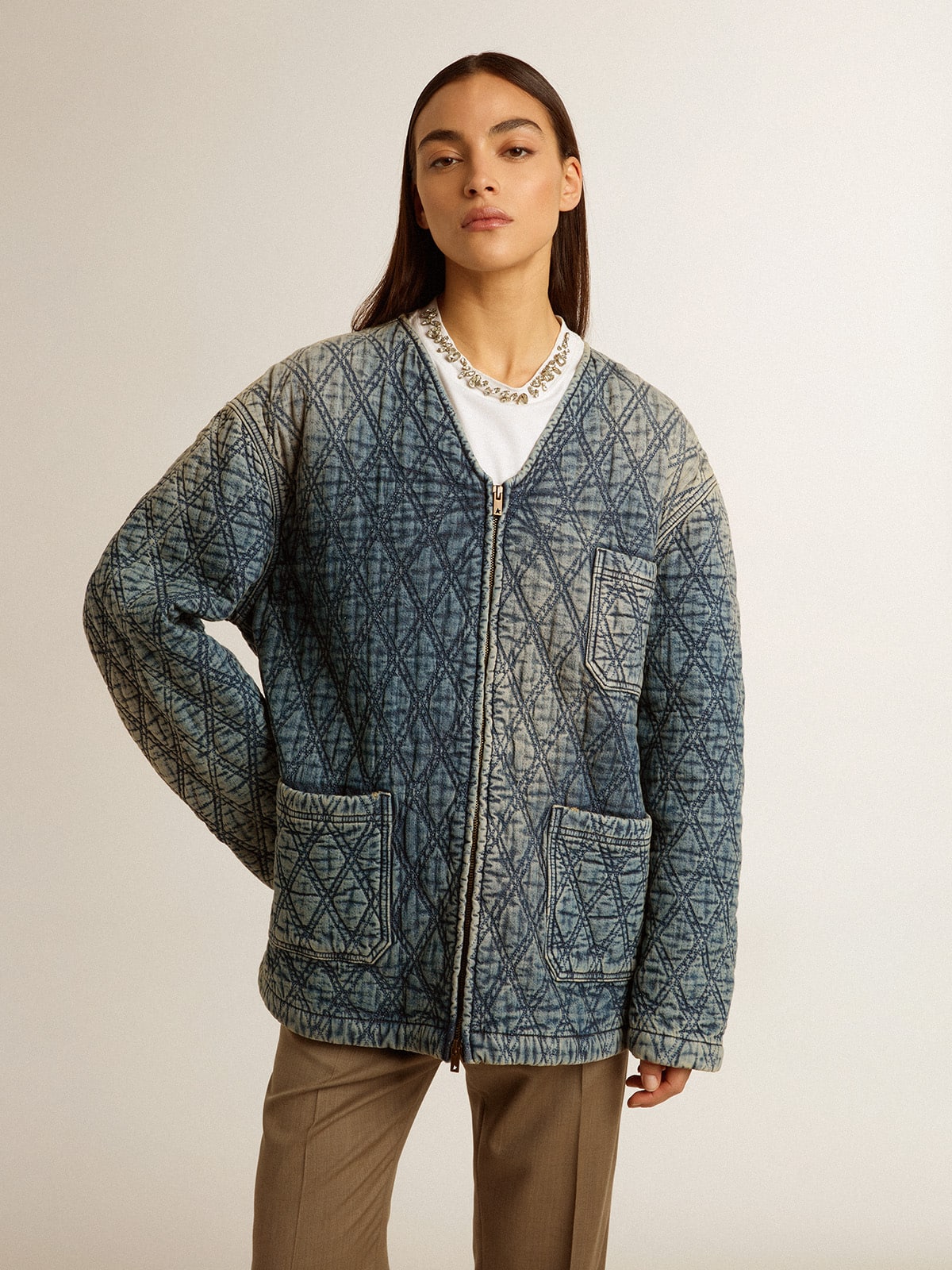 Women's blue quilted jacket in cotton denim with distressed finish - Golden Goose Women