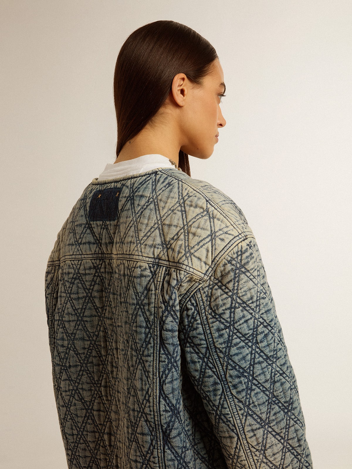 Women's blue quilted jacket in cotton denim with distressed finish - Golden Goose Women