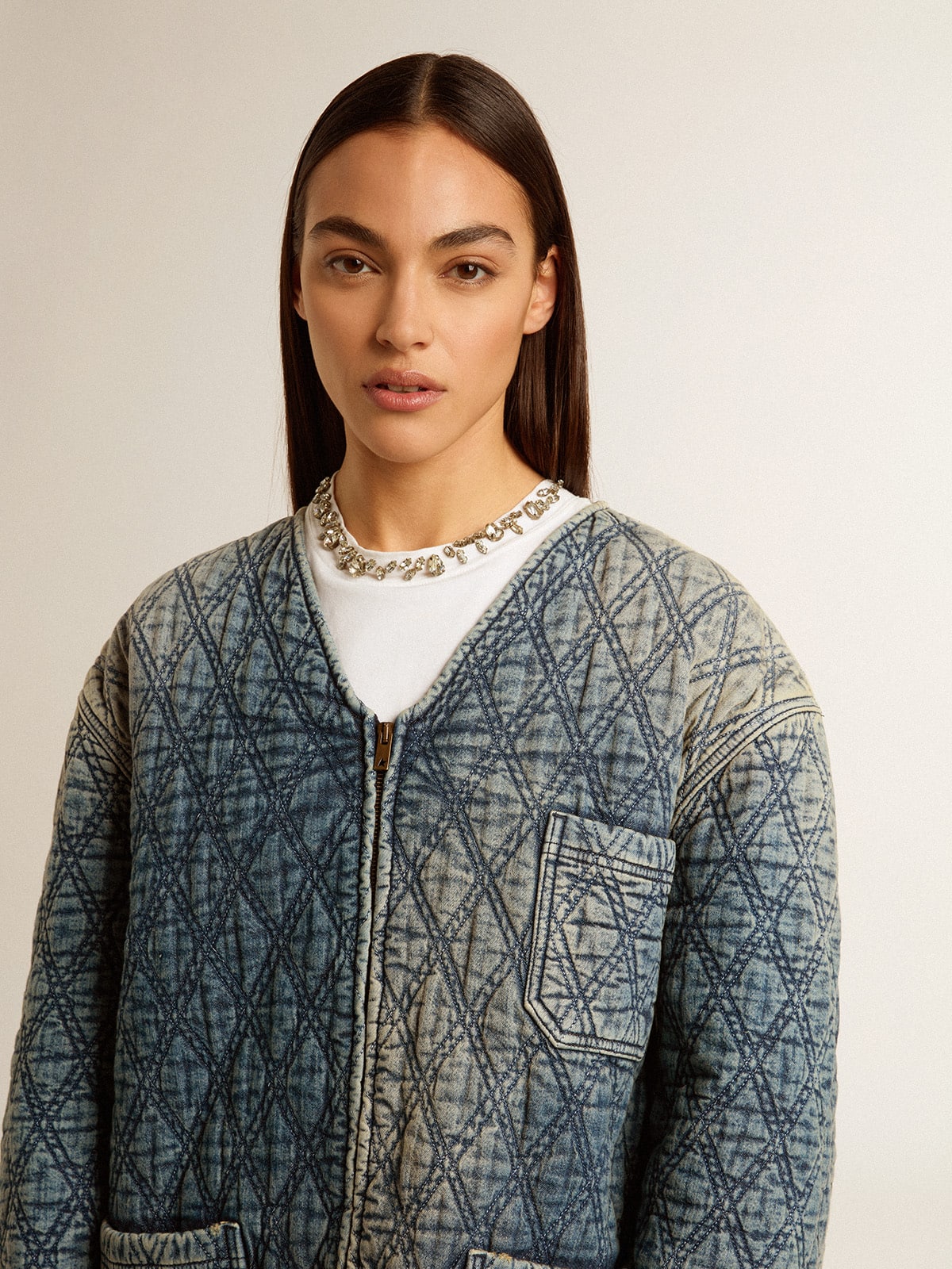 Women's blue quilted jacket in cotton denim with distressed finish - Golden Goose Women