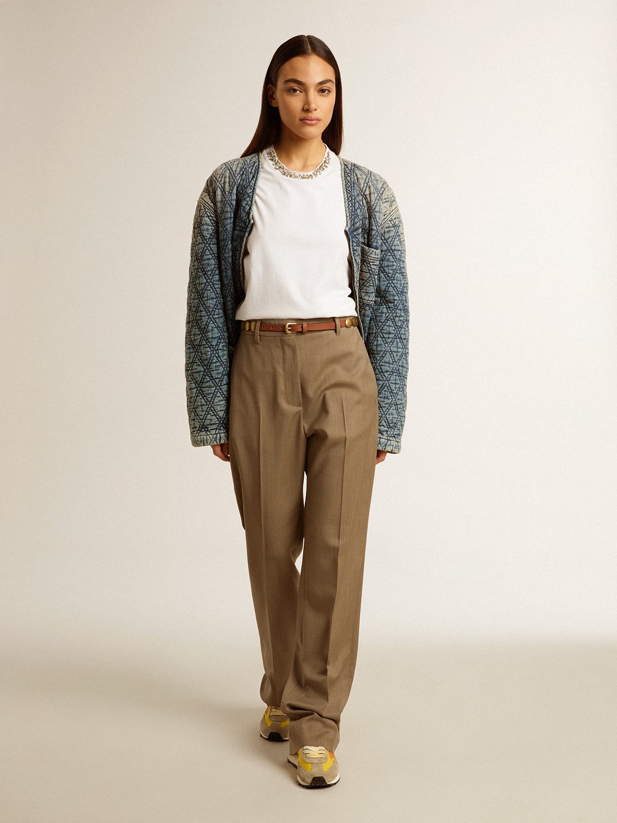 Women's blue quilted jacket in cotton denim with distressed finish - Golden Goose Women