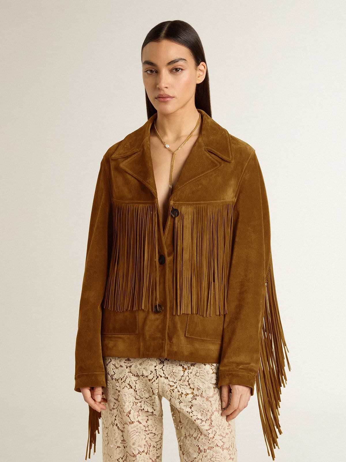 Women’s tobacco-colored suede jacket women with fringes - Golden Goose Women