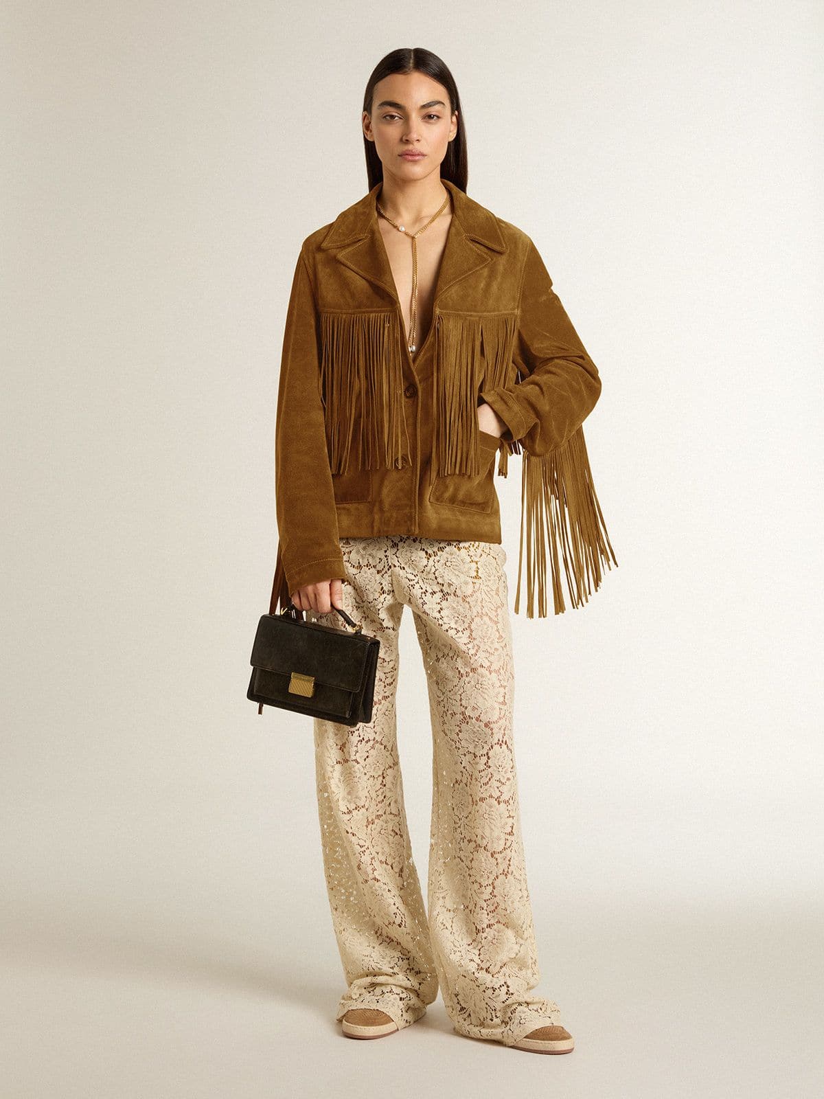 Women’s tobacco-colored suede jacket women with fringes - Golden Goose Women