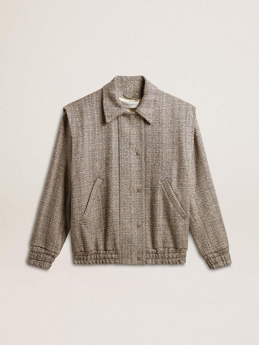 Women's bomber jacket in ecru brown herringbone wool - Golden Goose Women