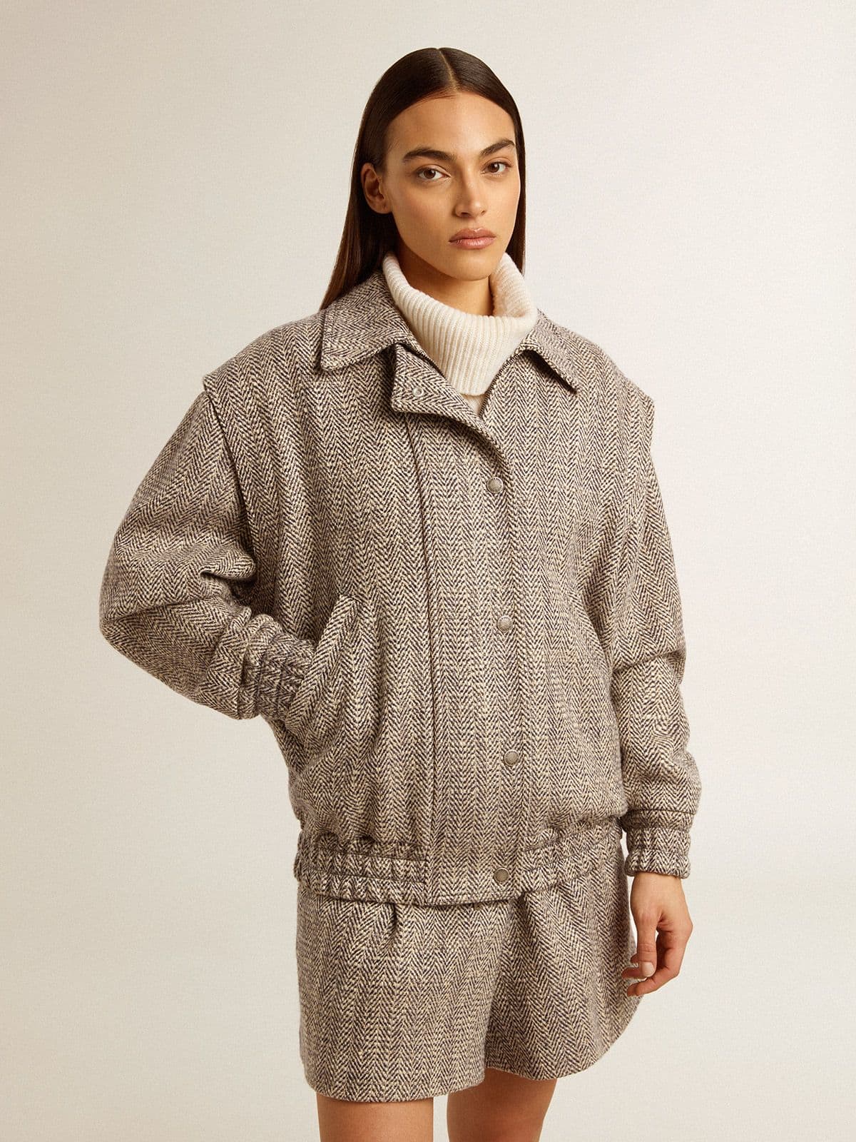 Women's bomber jacket in ecru brown herringbone wool - Golden Goose Women