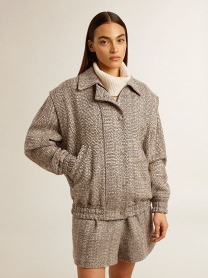 Women's bomber jacket in ecru brown herringbone wool - Golden Goose Women
