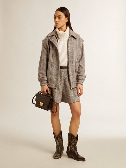 Women's bomber jacket in ecru brown herringbone wool - Golden Goose Women