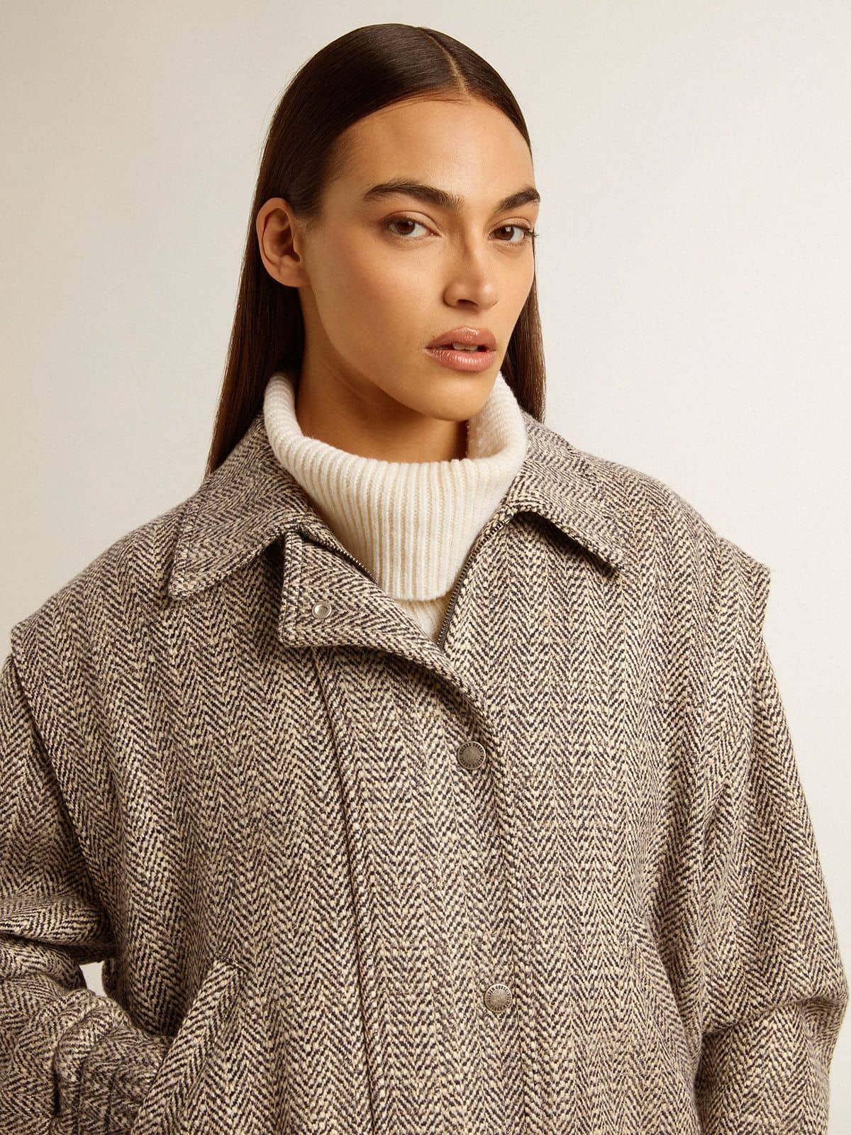 Women's bomber jacket in ecru brown herringbone wool - Golden Goose Women