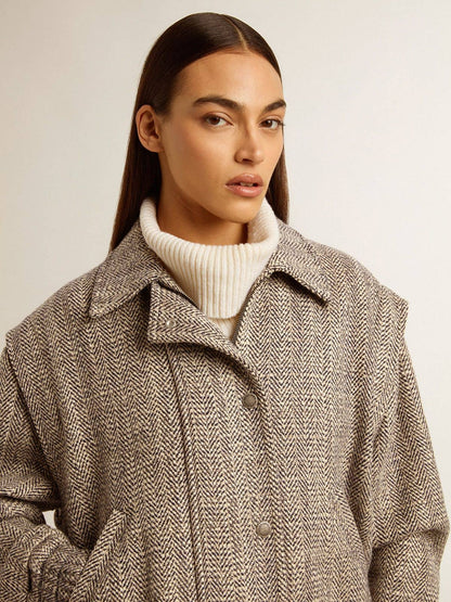 Women's bomber jacket in ecru brown herringbone wool - Golden Goose Women