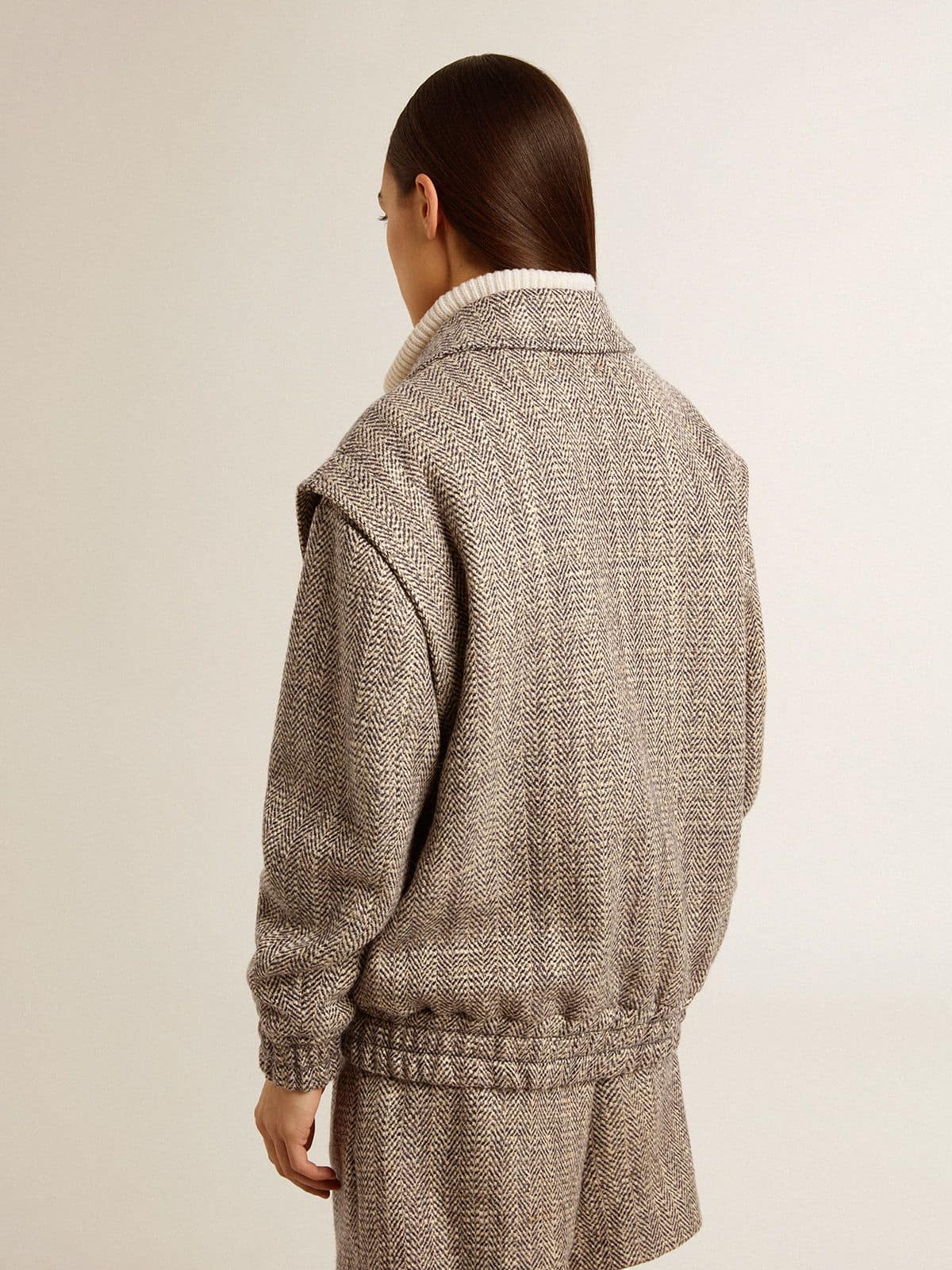 Women's bomber jacket in ecru brown herringbone wool - Golden Goose Women
