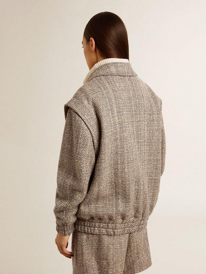 Women's bomber jacket in ecru brown herringbone wool - Golden Goose Women