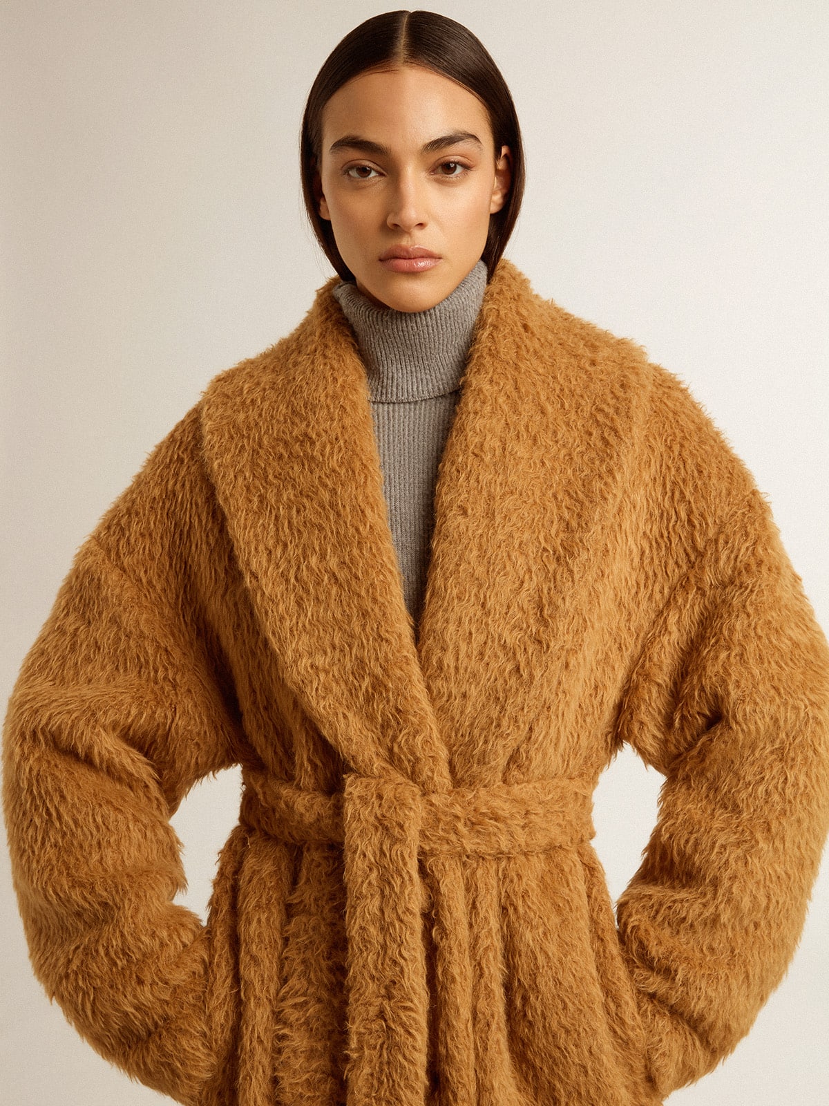 Women's coat with shawl collar in tobacco - Golden Goose Women