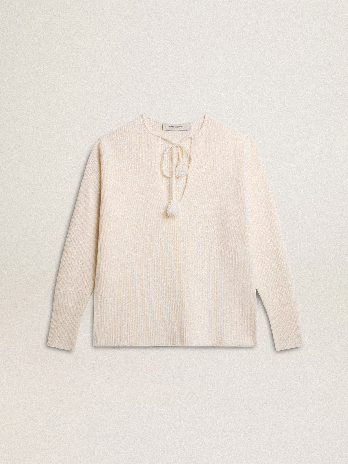 Ribbed wool sweater with V neck and drawstring with tassels - Golden Goose Women