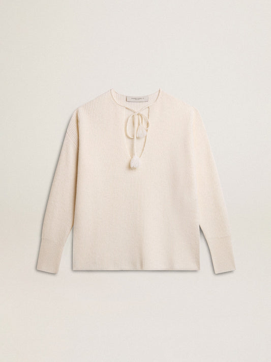 Ribbed wool sweater with V neck and drawstring with tassels - Golden Goose Women