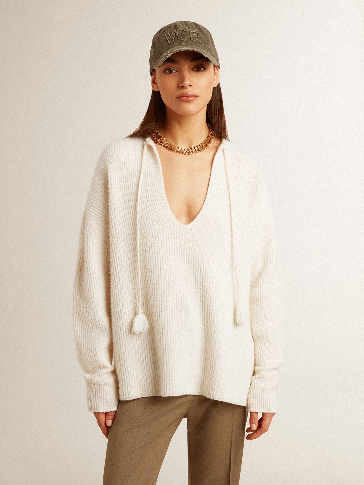 Ribbed wool sweater with V neck and drawstring with tassels - Golden Goose Women