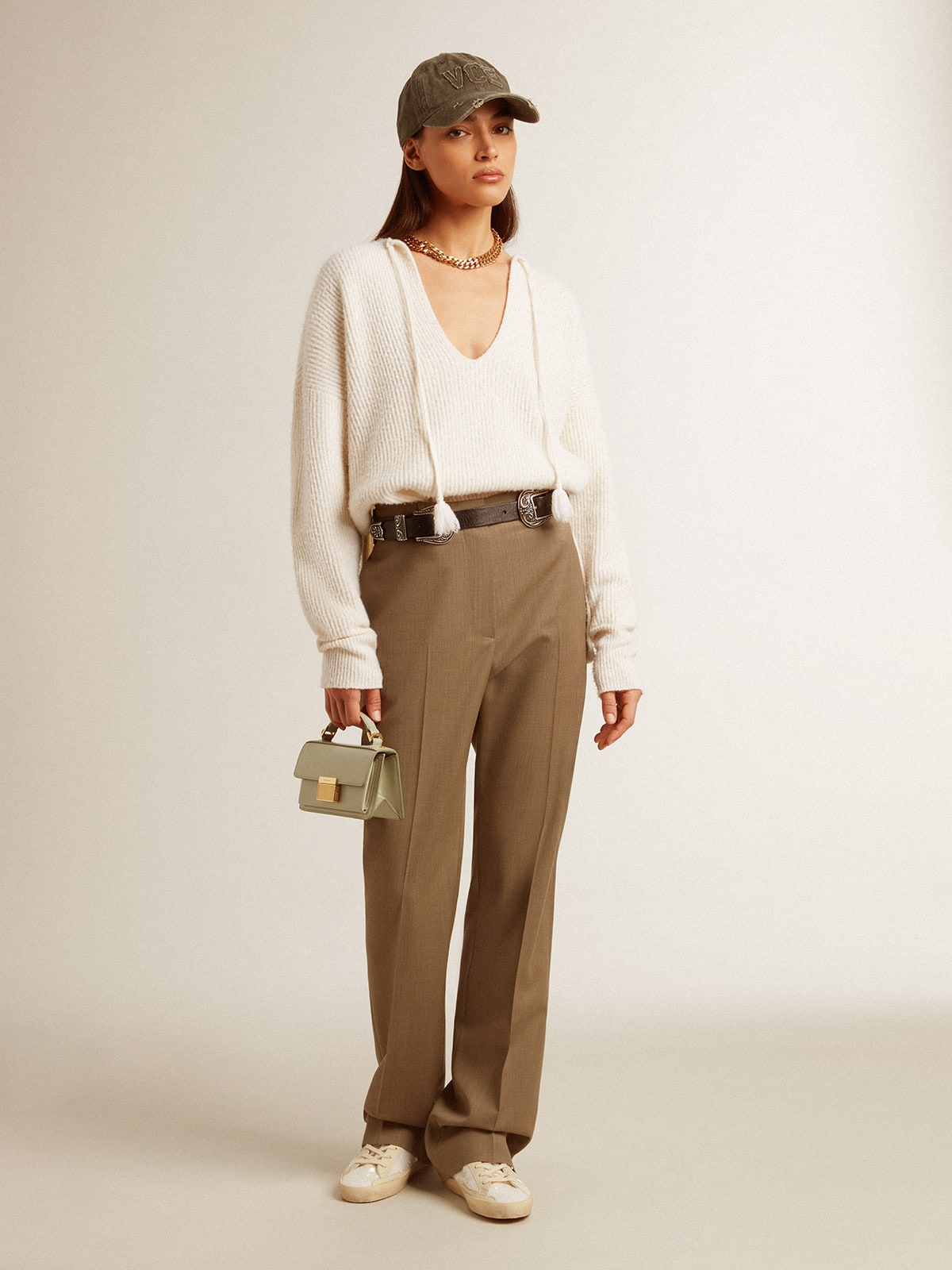 Ribbed wool sweater with V neck and drawstring with tassels - Golden Goose Women