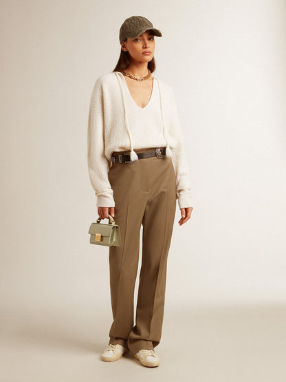 Ribbed wool sweater with V neck and drawstring with tassels - Golden Goose Women