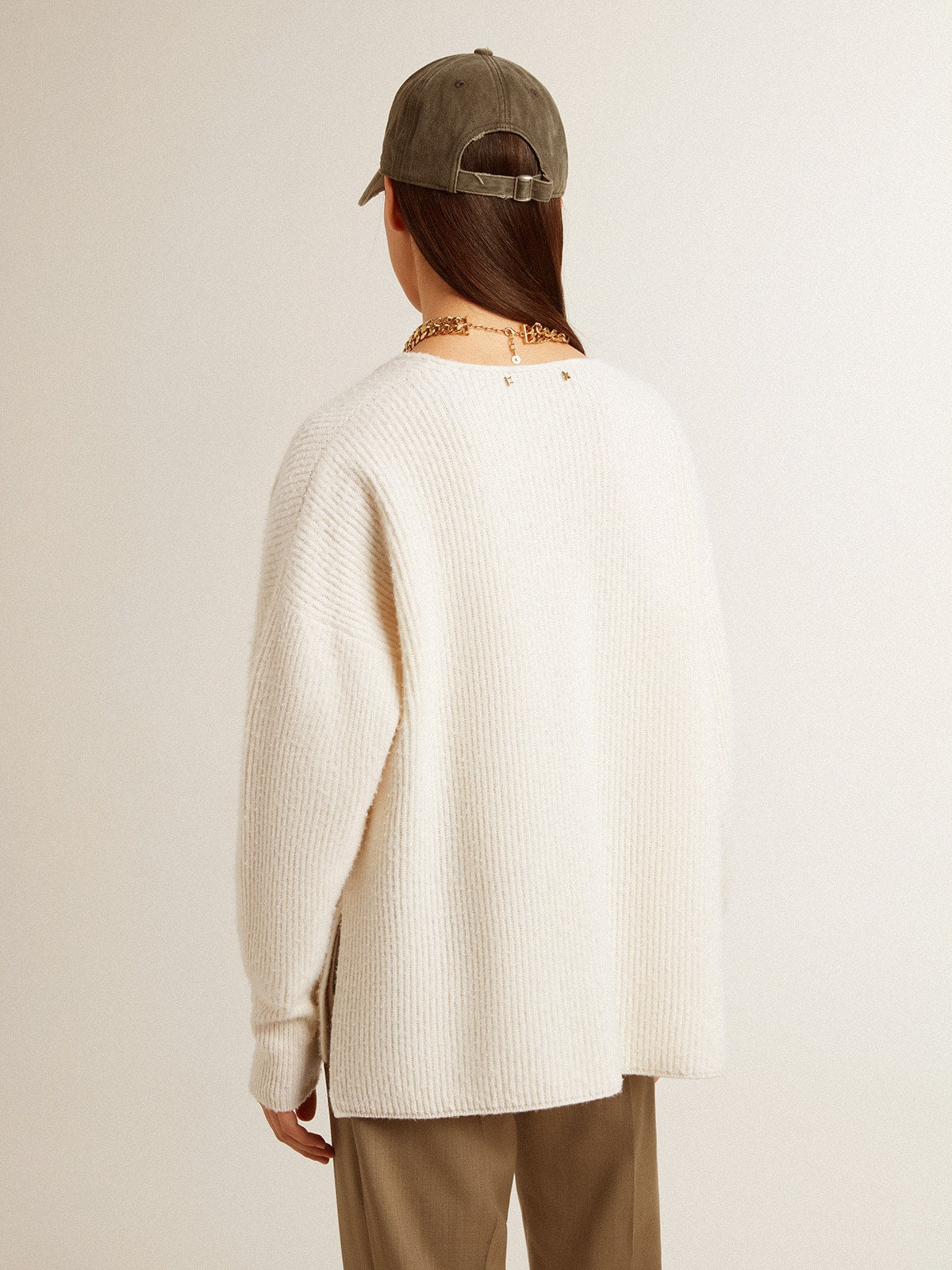Ribbed wool sweater with V neck and drawstring with tassels - Golden Goose Women