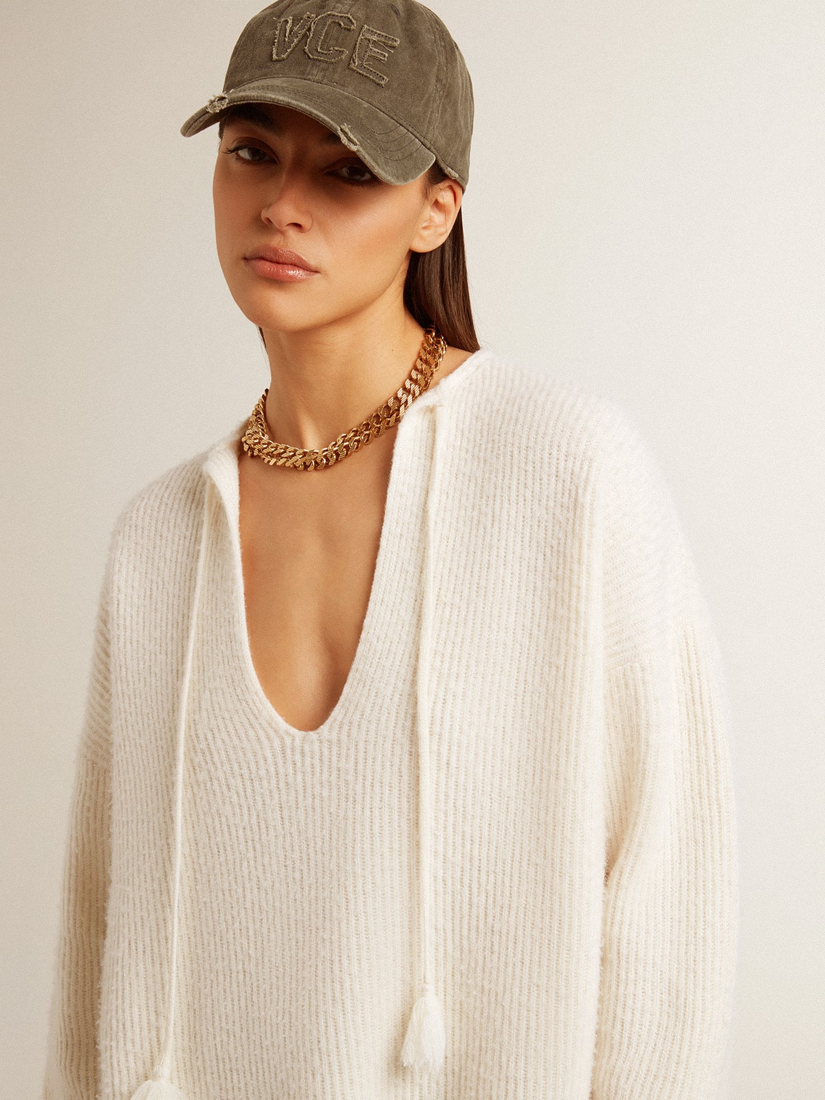 Ribbed wool sweater with V neck and drawstring with tassels - Golden Goose Women