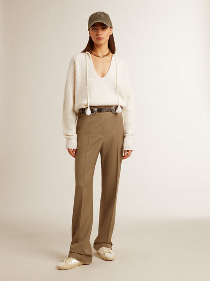 Ribbed wool sweater with V neck and drawstring with tassels - Golden Goose Women