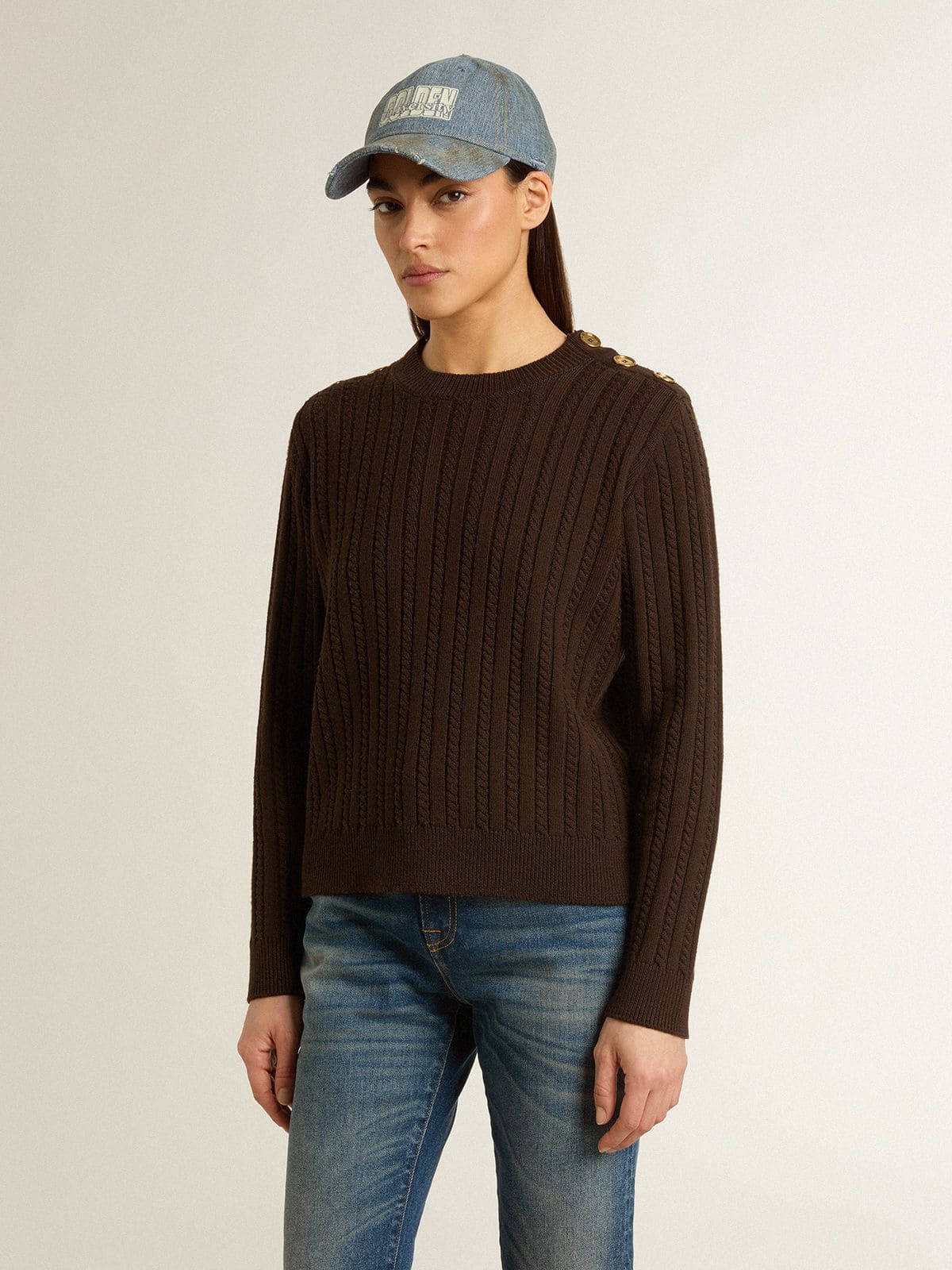 Women's crew-neck sweater in wool blend with gold buttons - Golden Goose Women