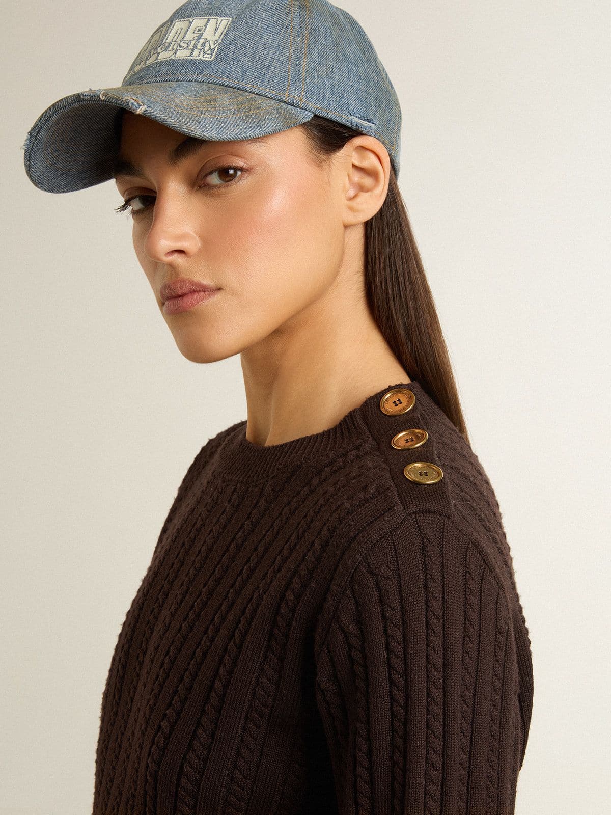 Women's crew-neck sweater in wool blend with gold buttons - Golden Goose Women