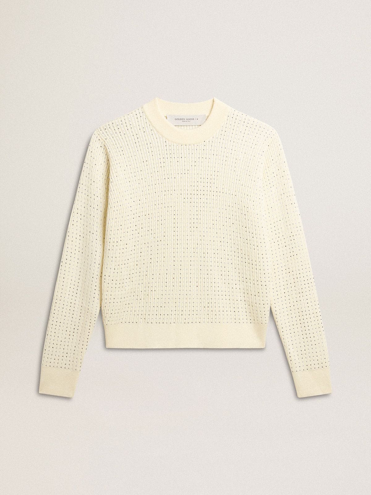 Women's crew-neck sweater in white merino wool with all-over crystals - Golden Goose Women