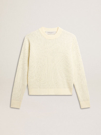 Women's crew-neck sweater in white merino wool with all-over crystals - Golden Goose Women