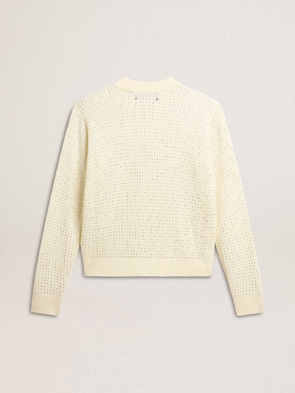 Women's crew-neck sweater in white merino wool with all-over crystals - Golden Goose Women
