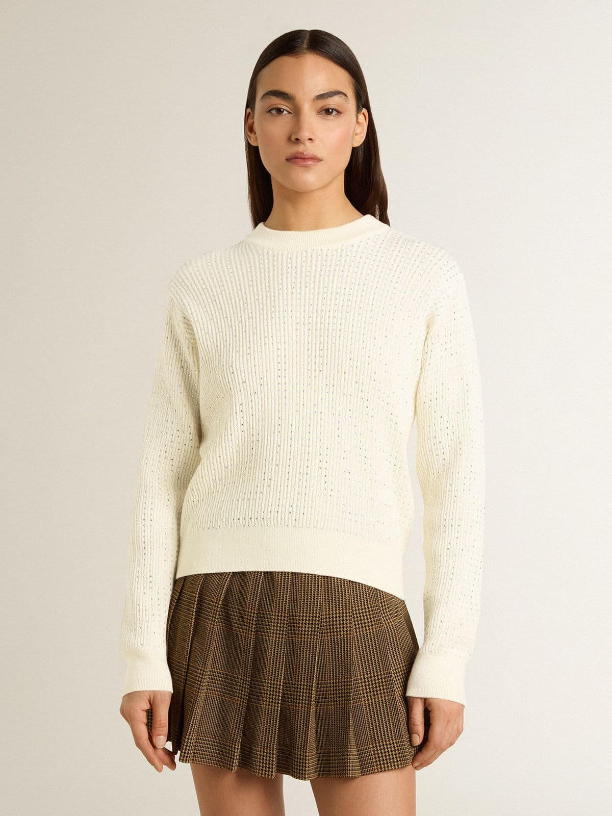 Women's crew-neck sweater in white merino wool with all-over crystals - Golden Goose Women